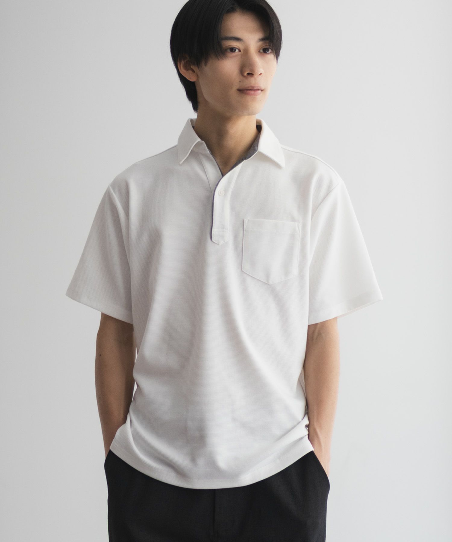 NAVY  SARARI リップルスキッパーポロシャツ メンズ商品画像-1