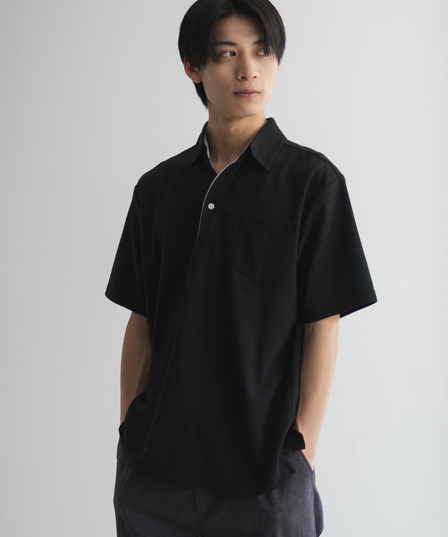 NAVY  SARARI リップルスキッパーポロシャツ メンズ商品画像-2