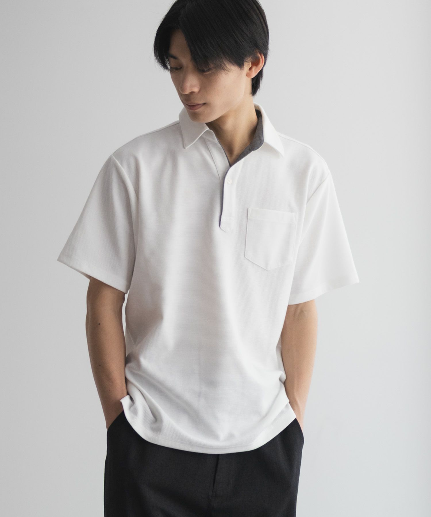 NAVY  SARARI リップルスキッパーポロシャツ メンズ商品画像-5