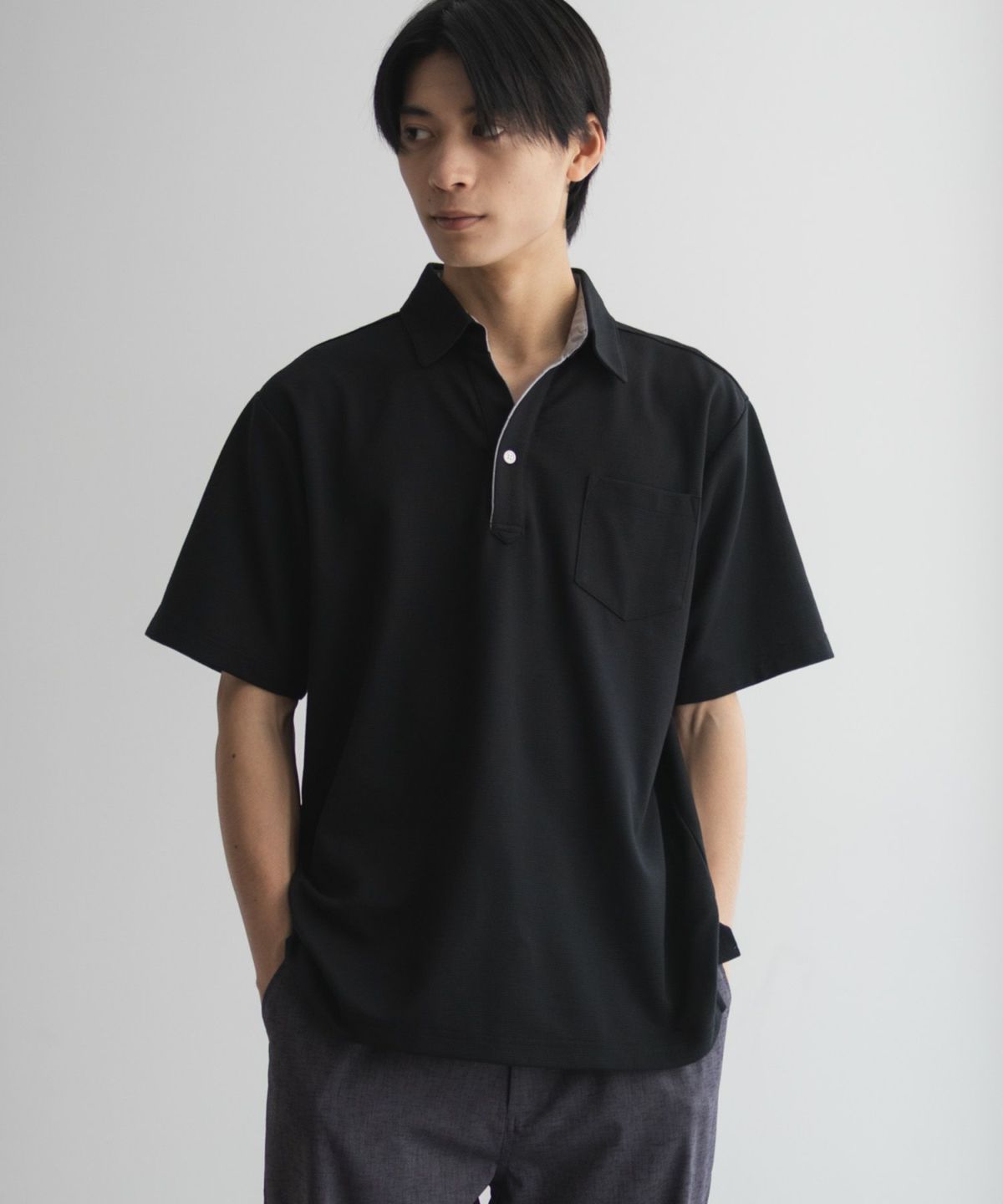 NAVY リップルスキッパーポロシャツ メンズ