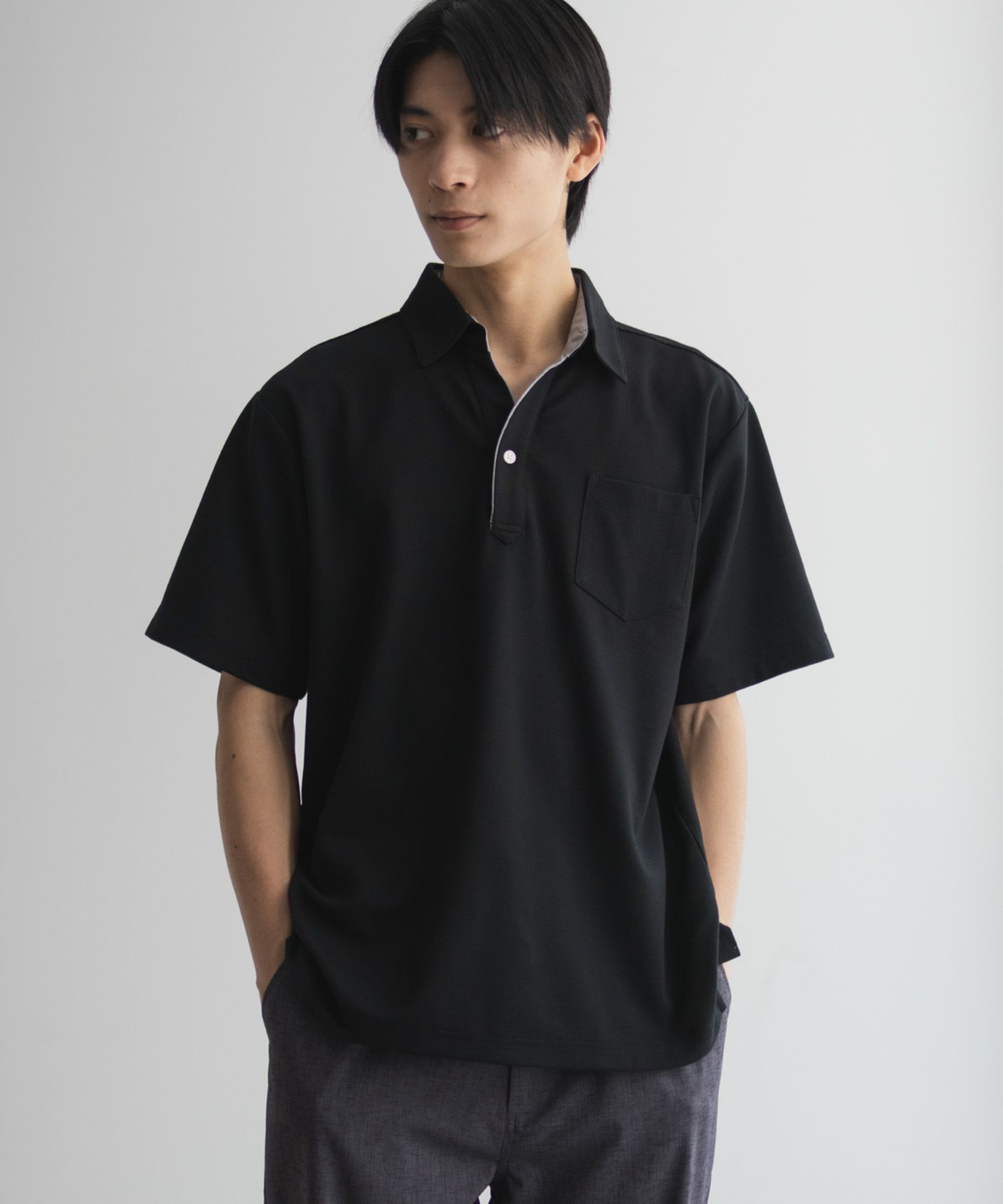 NAVY リップルスキッパーポロシャツ メンズ