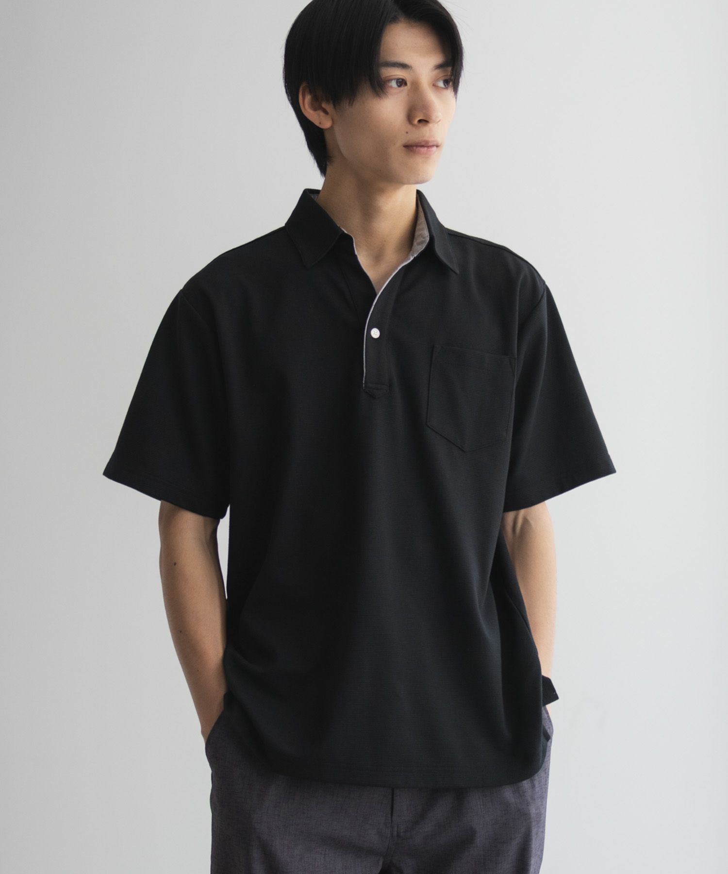 NAVY  SARARI リップルスキッパーポロシャツ メンズ商品画像-11
