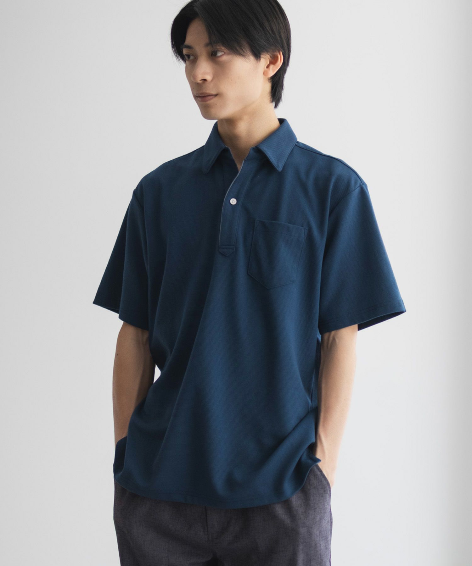 NAVY  SARARI リップルスキッパーポロシャツ メンズ商品画像-15