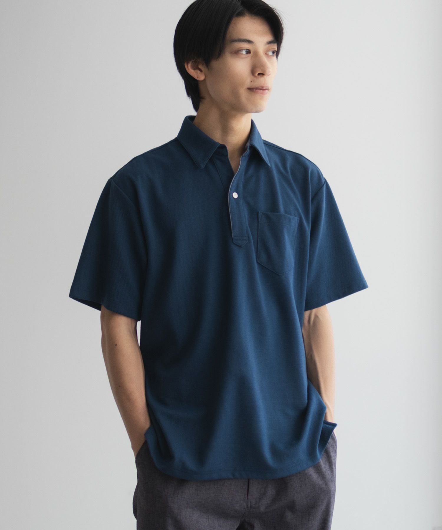 NAVY リップルスキッパーポロシャツ メンズ