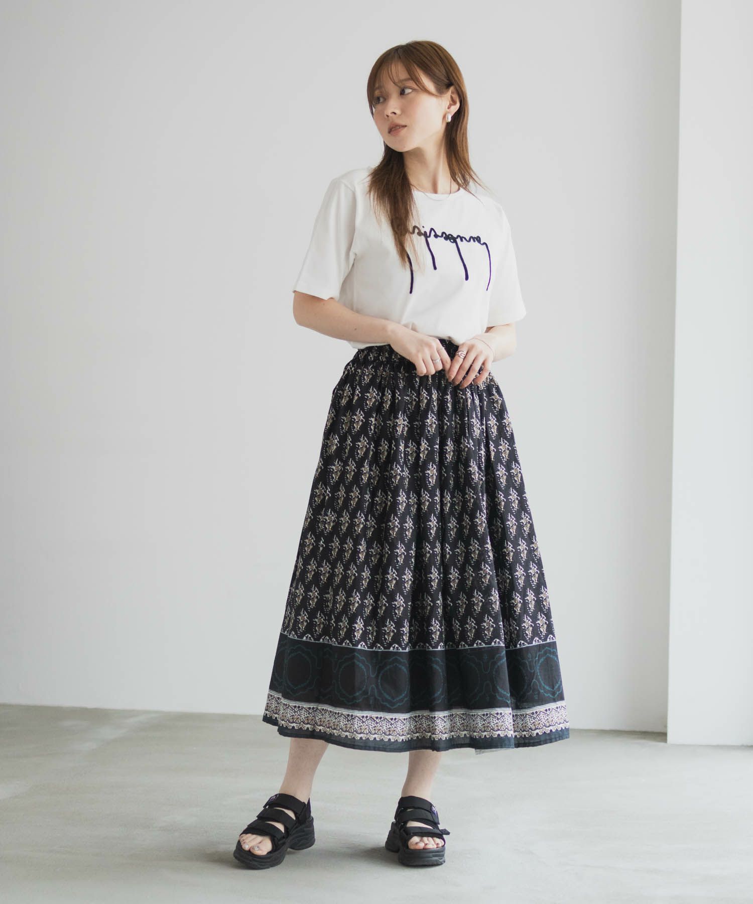 Howdy Marie インドファブリック 綿ボイル総柄スカート レディース