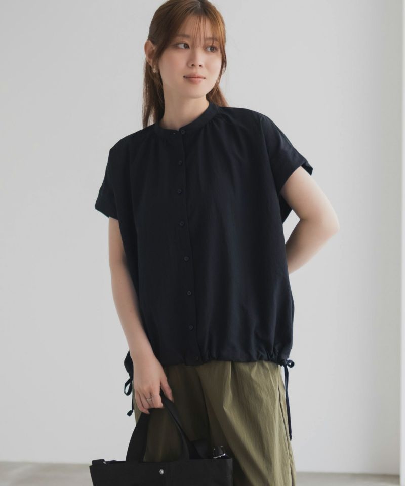 【美品】  madameH CLOSET / マダムエイチクローゼット | リネン バンドカラー チャイナ シャツ ブラウス | 38 | チャコールブラック | レディース セットアップ ワイドパンツ レディース 2点セット きれいめ