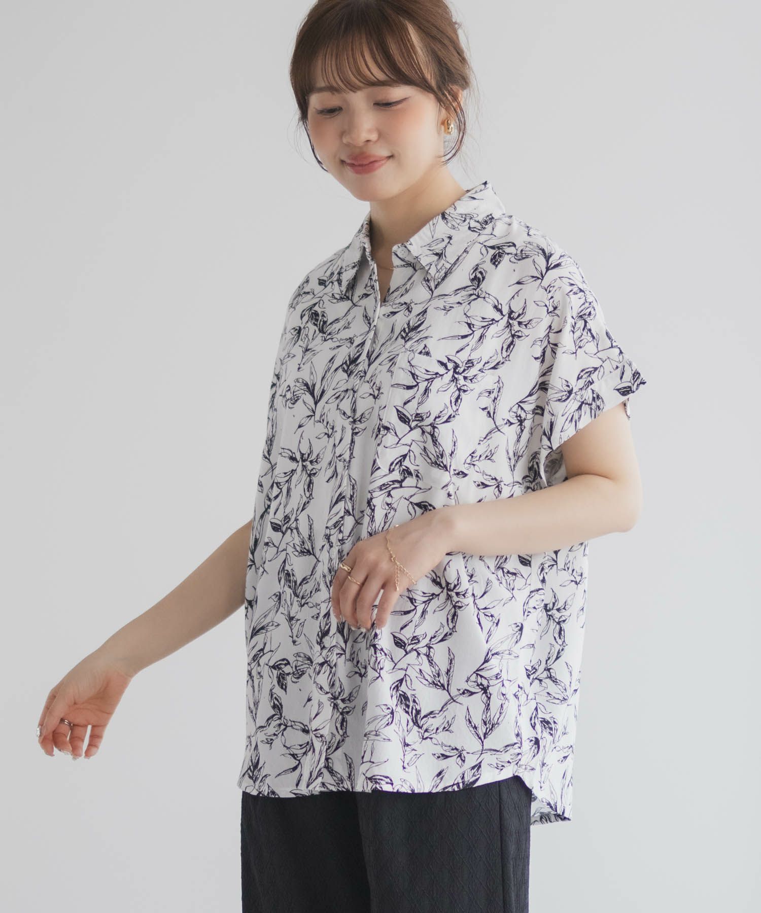 Howdy Marie インドファブリック 前開きフレンチスリーブシャツ レディース