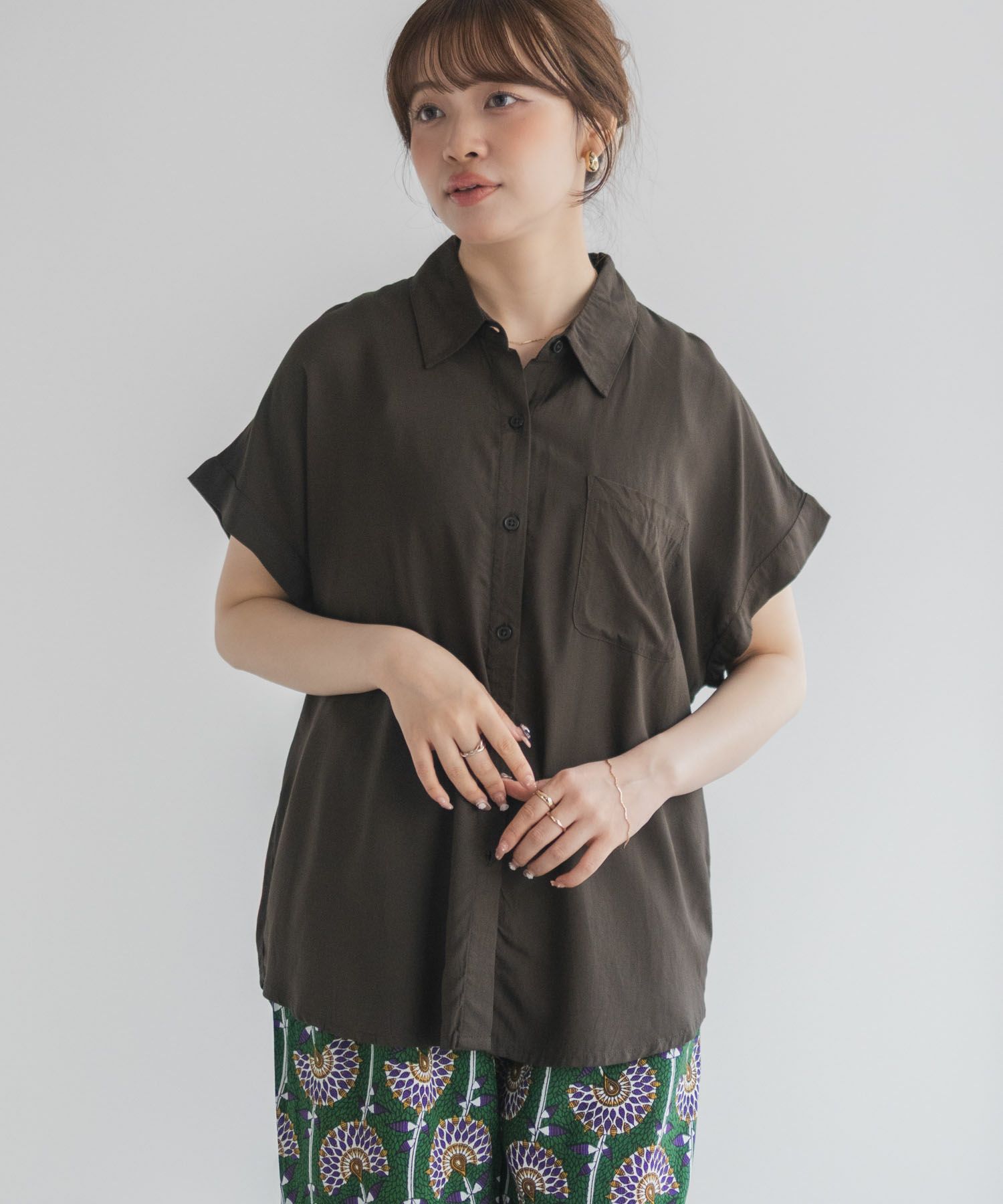 Howdy Marie インドファブリック 前開きフレンチスリーブシャツ レディース