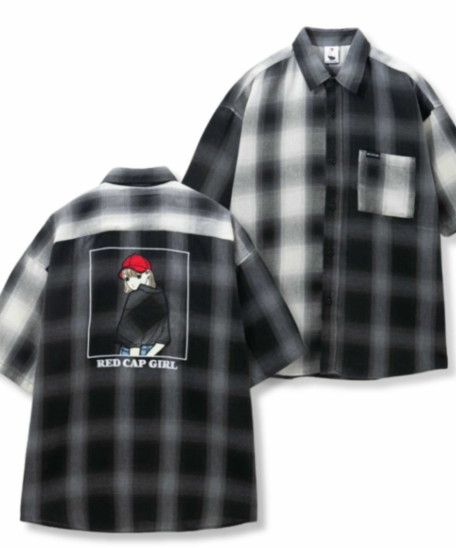[期間限定価格]RED CAP GIRL  ルーズサイズバックイラストオンブレーチェック半袖シャツ メンズ商品画像-1