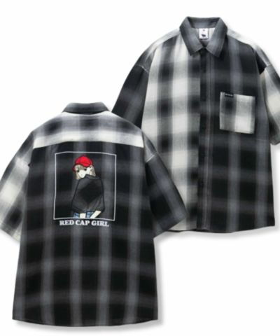 RED CAP GIRL  ルーズサイズバックイラストオンブレーチェック半袖シャツ メンズ