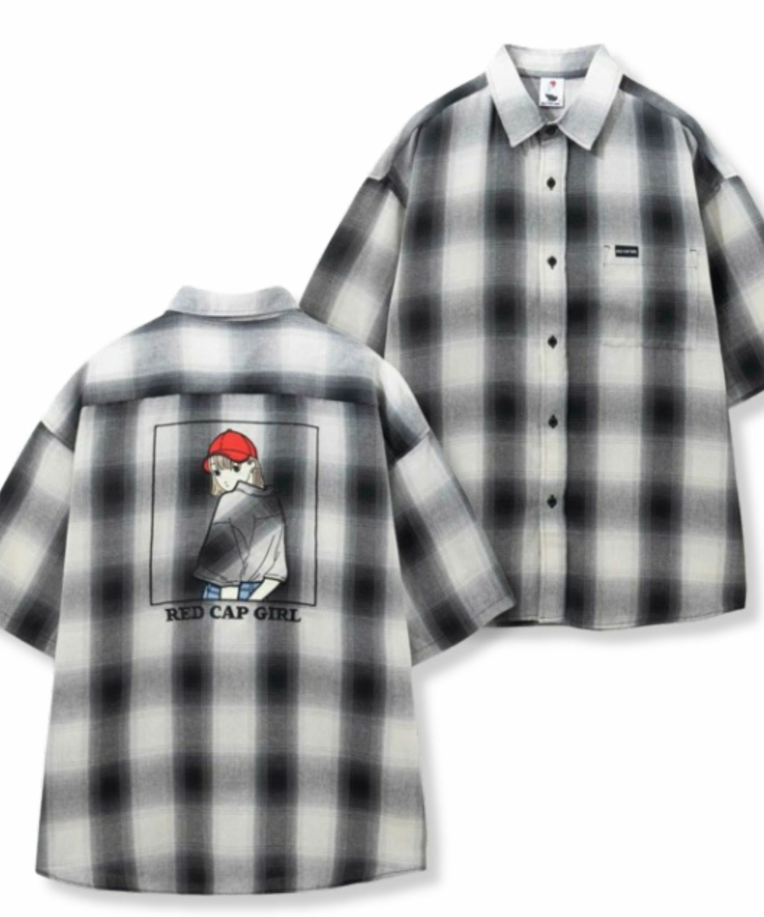 RED CAP GIRL ルーズサイズバックイラストオンブレーチェック半袖シャツ メンズ