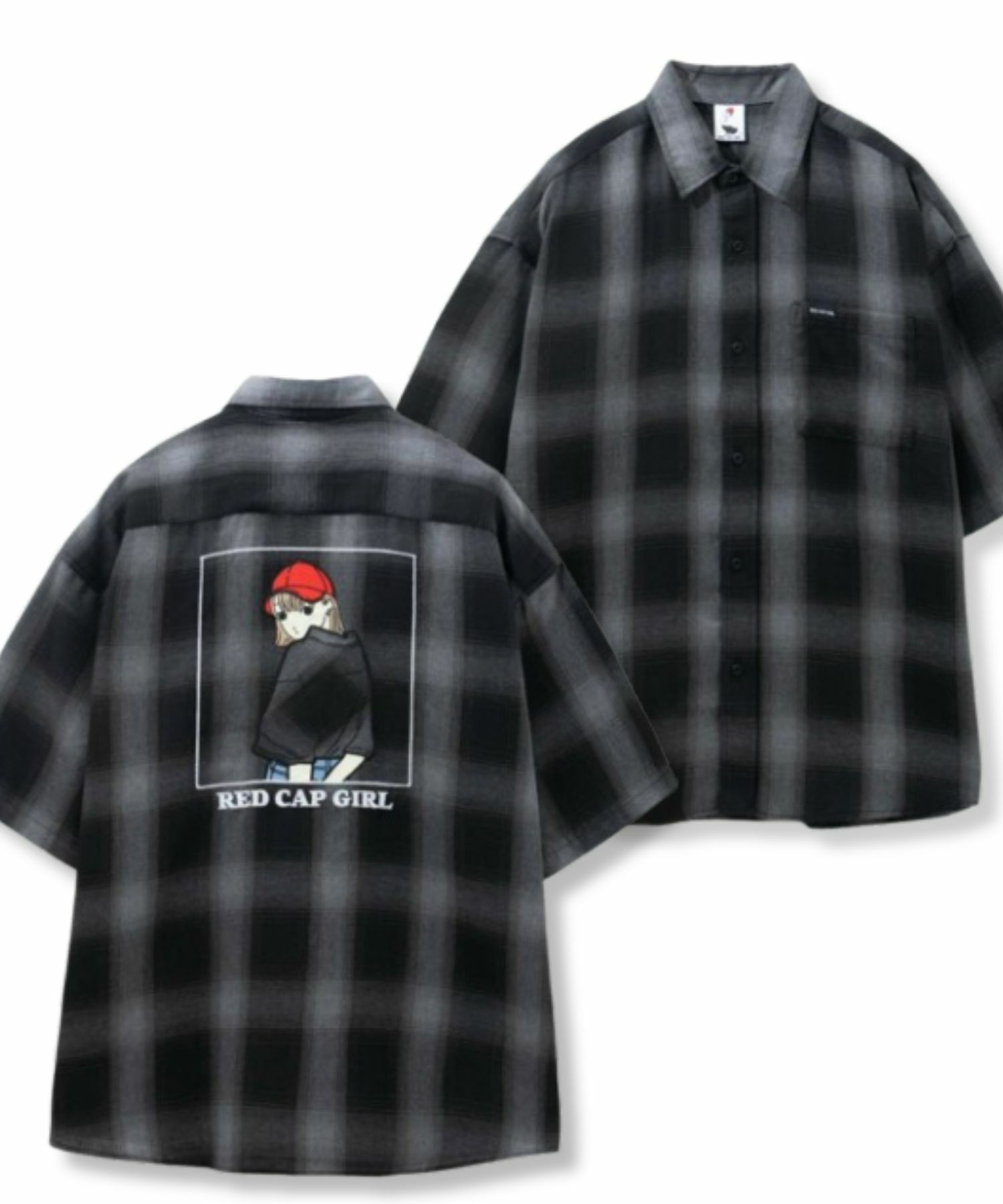 RED CAP GIRL ルーズサイズバックイラストオンブレーチェック半袖シャツ メンズ