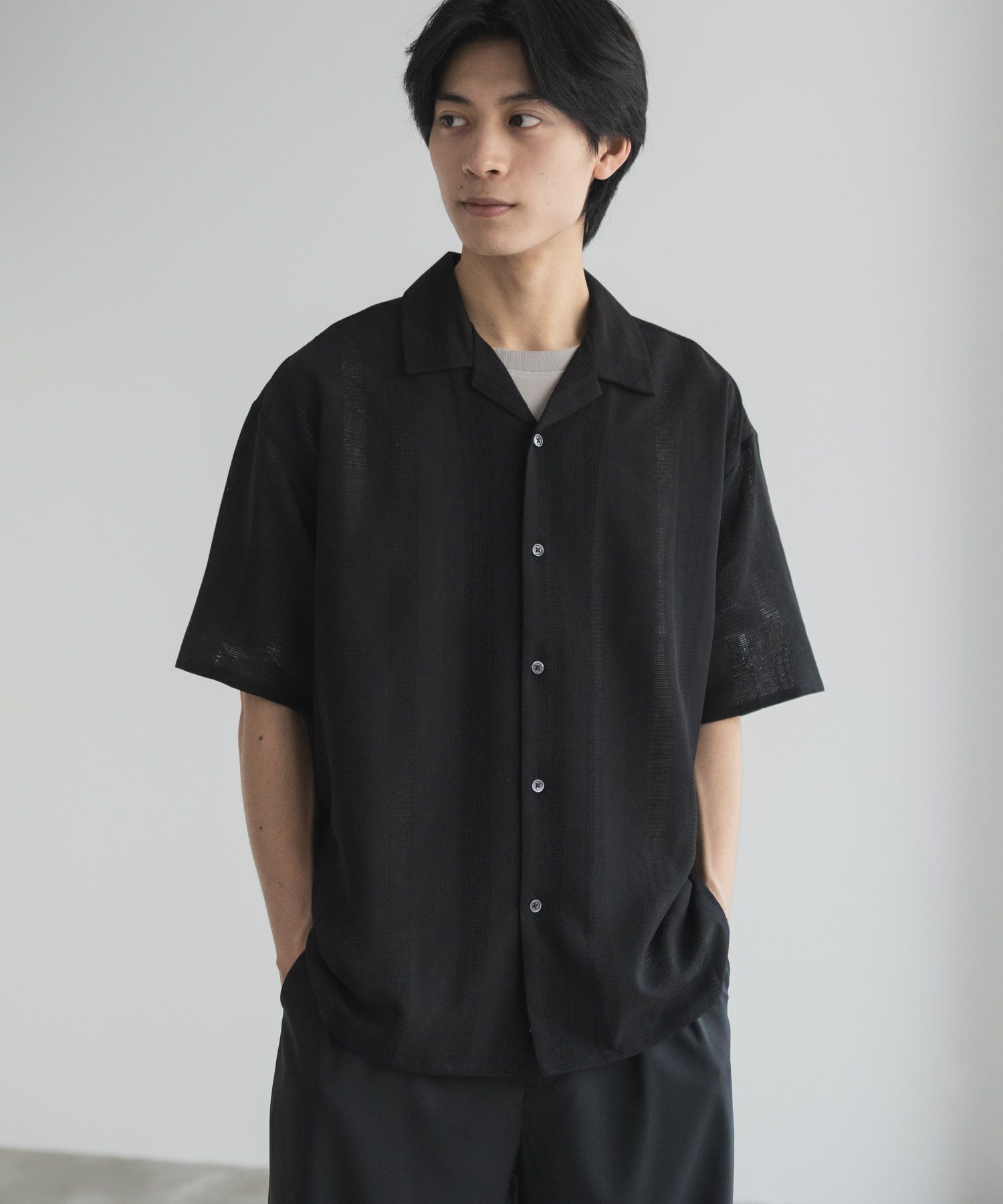 URBAN COLLECTION  カラミ織りストライプ オープンカラーシャツ メンズ商品画像-1