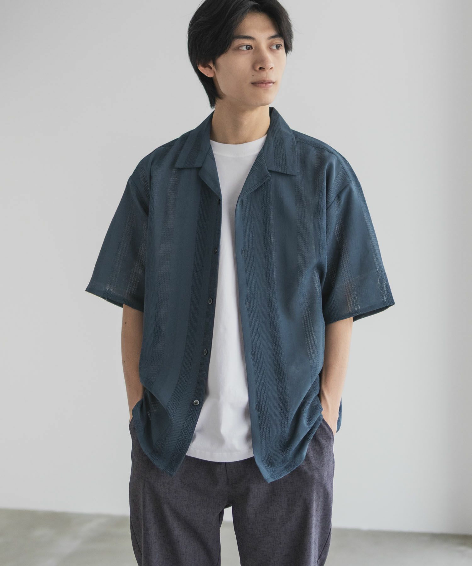 URBAN COLLECTION  カラミ織りストライプ オープンカラーシャツ メンズ商品サムネイル-2
