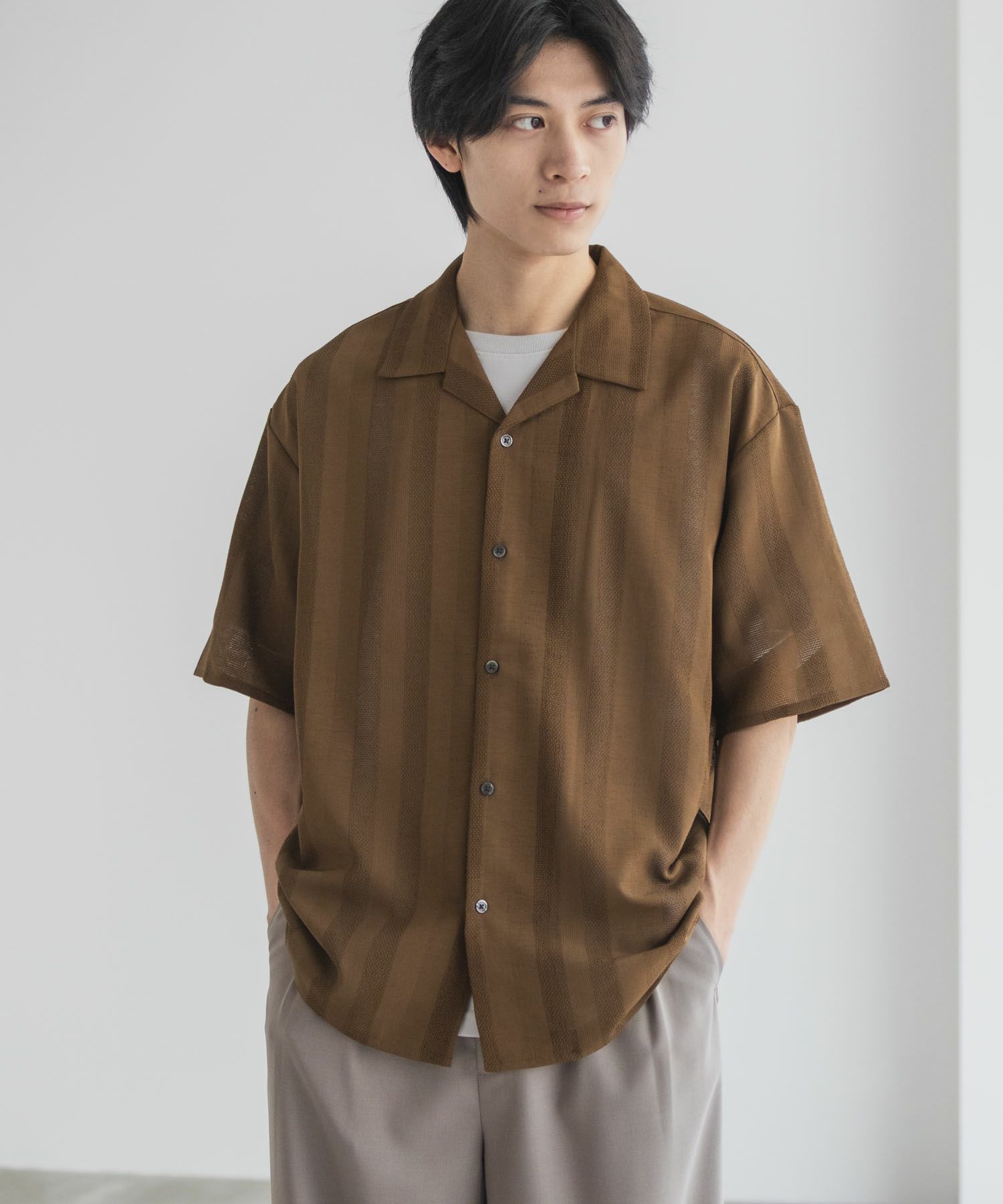 URBAN COLLECTION カラミ織りストライプ オープンカラーシャツ メンズ