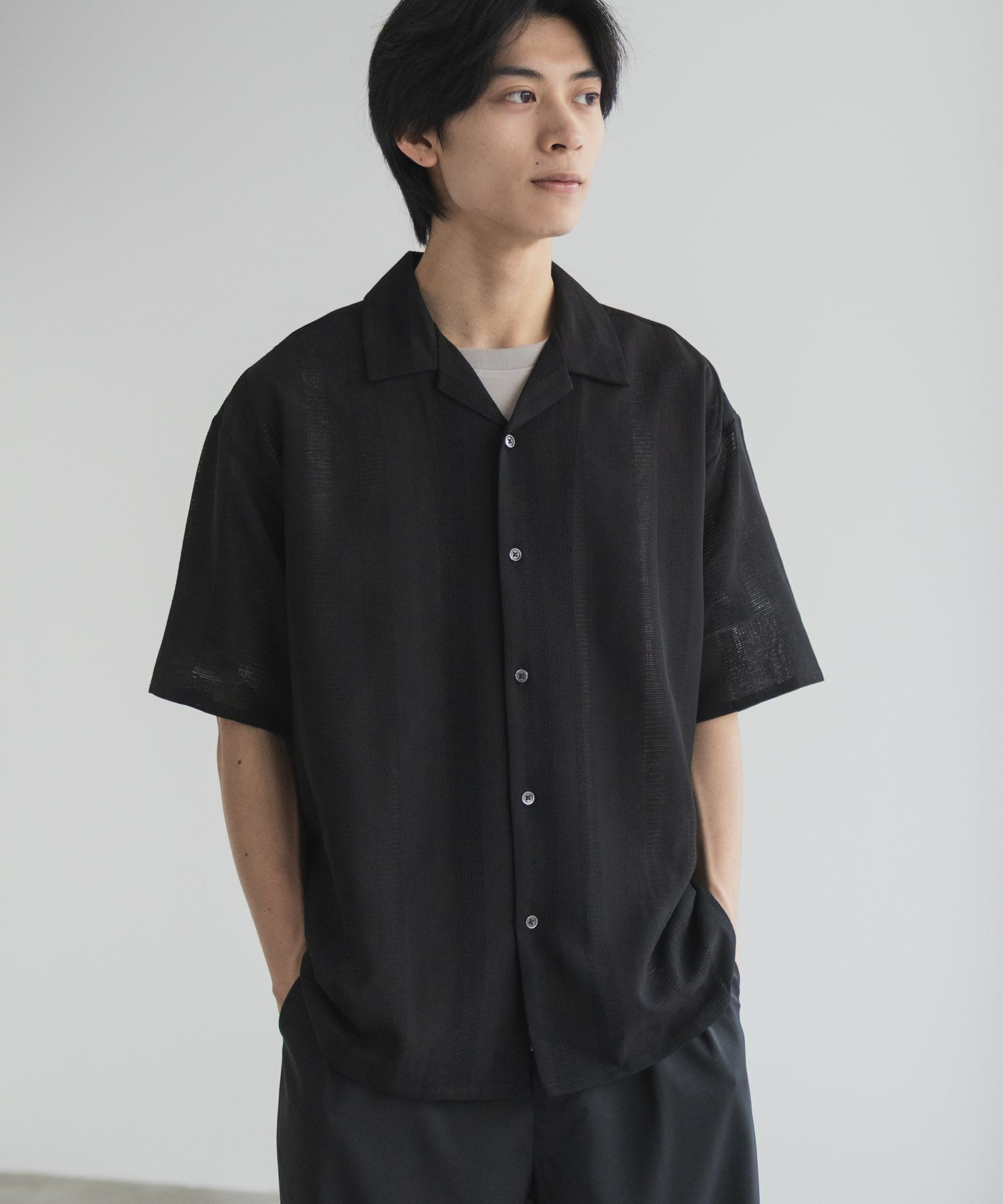 URBAN COLLECTION カラミ織りストライプ オープンカラーシャツ メンズ