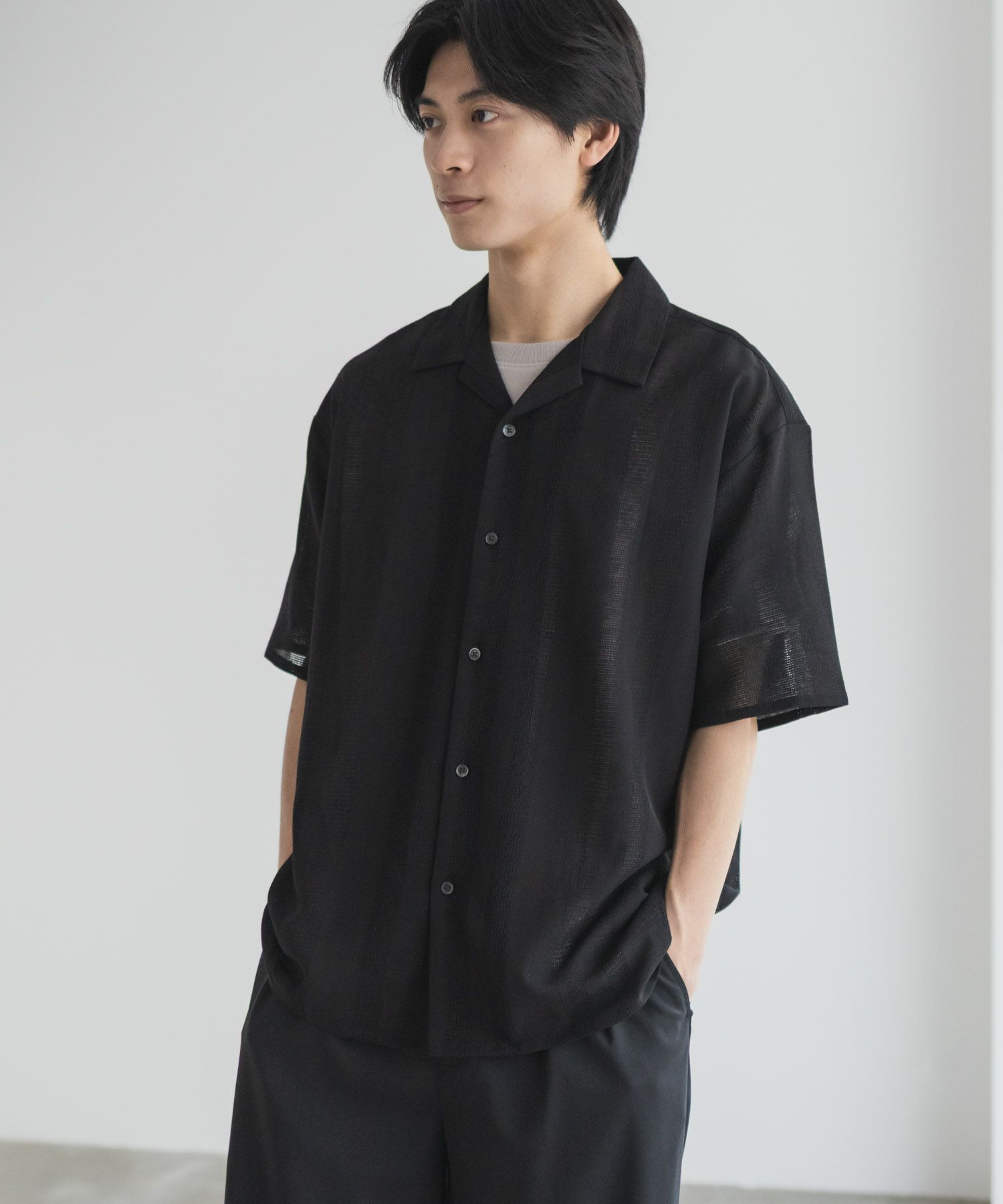 URBAN COLLECTION  カラミ織りストライプ オープンカラーシャツ メンズ商品画像-5