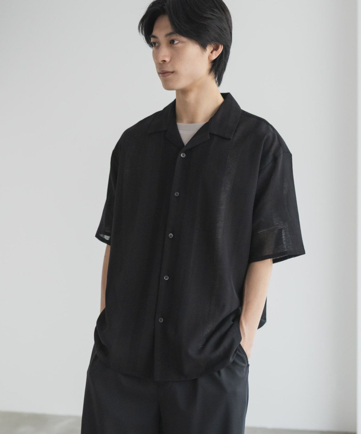 URBAN COLLECTION カラミ織りストライプ オープンカラーシャツ メンズ