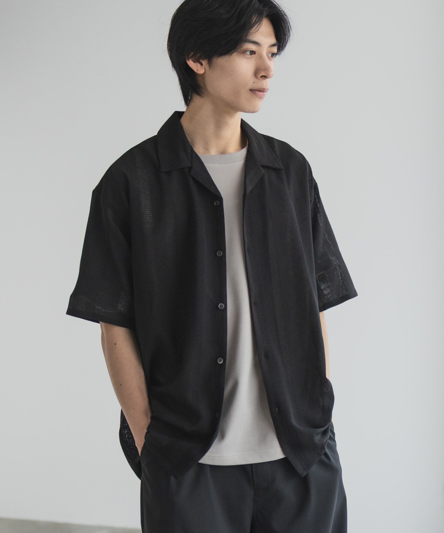 URBAN COLLECTION  カラミ織りストライプ オープンカラーシャツ メンズ商品画像-6