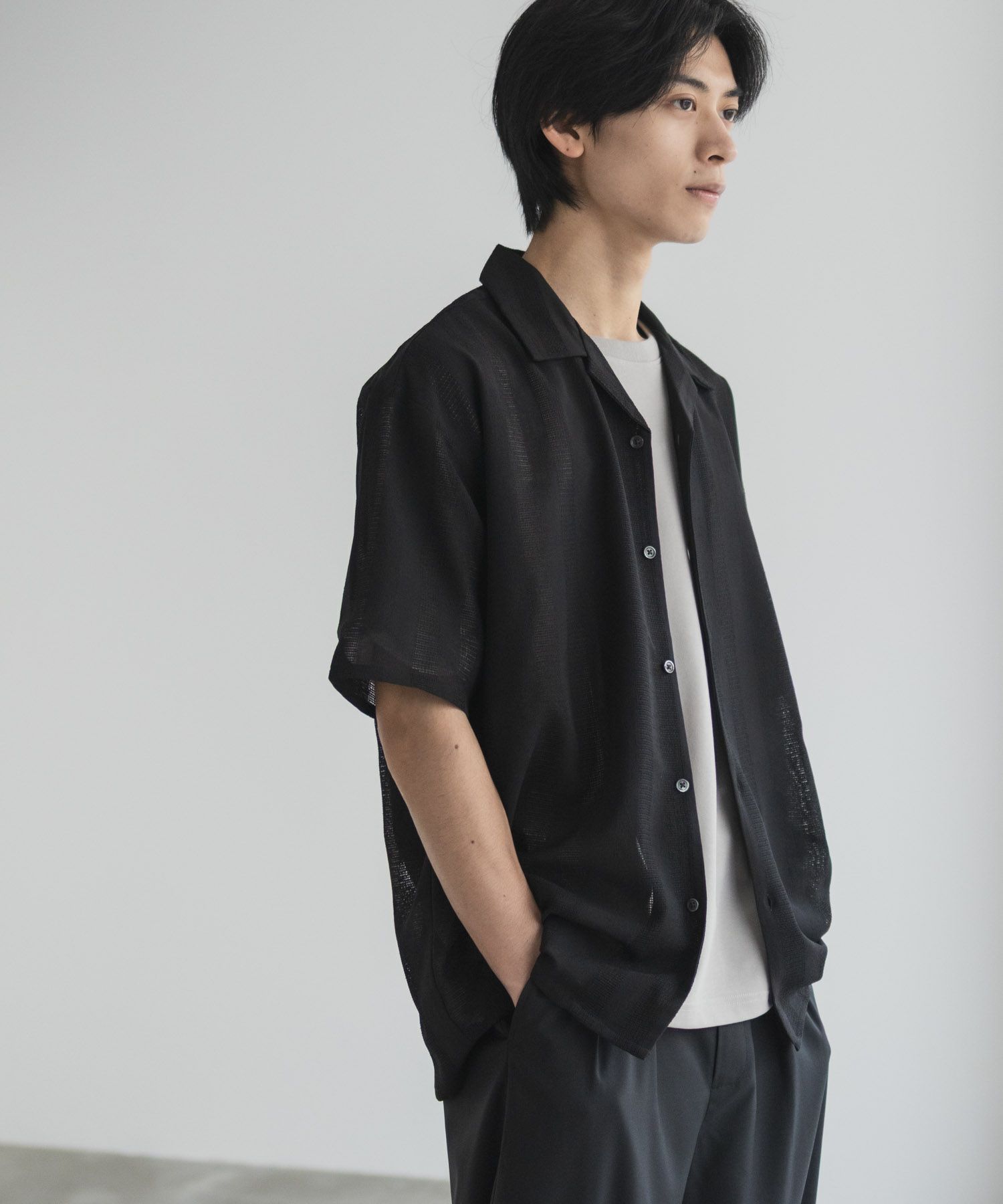 URBAN COLLECTION カラミ織りストライプ オープンカラーシャツ メンズ