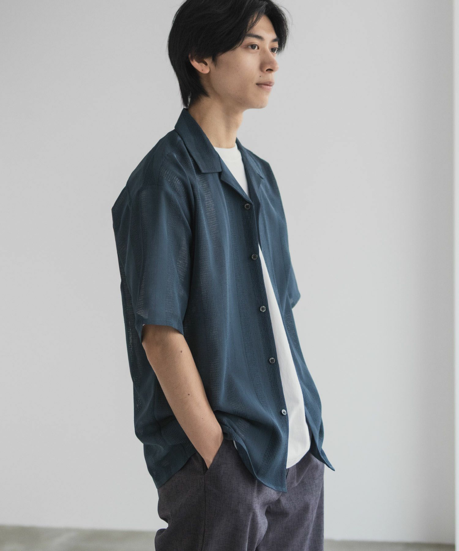 URBAN COLLECTION カラミ織りストライプ オープンカラーシャツ メンズ