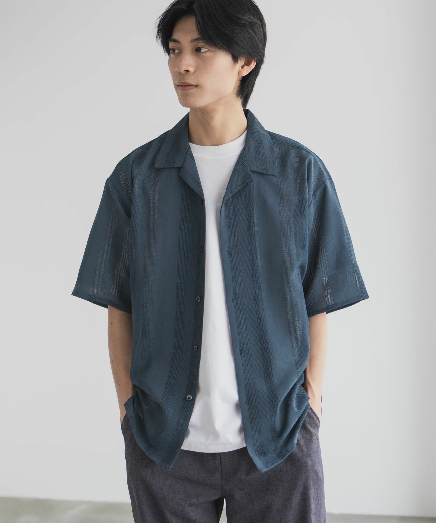 URBAN COLLECTION  カラミ織りストライプ オープンカラーシャツ メンズ商品画像-12