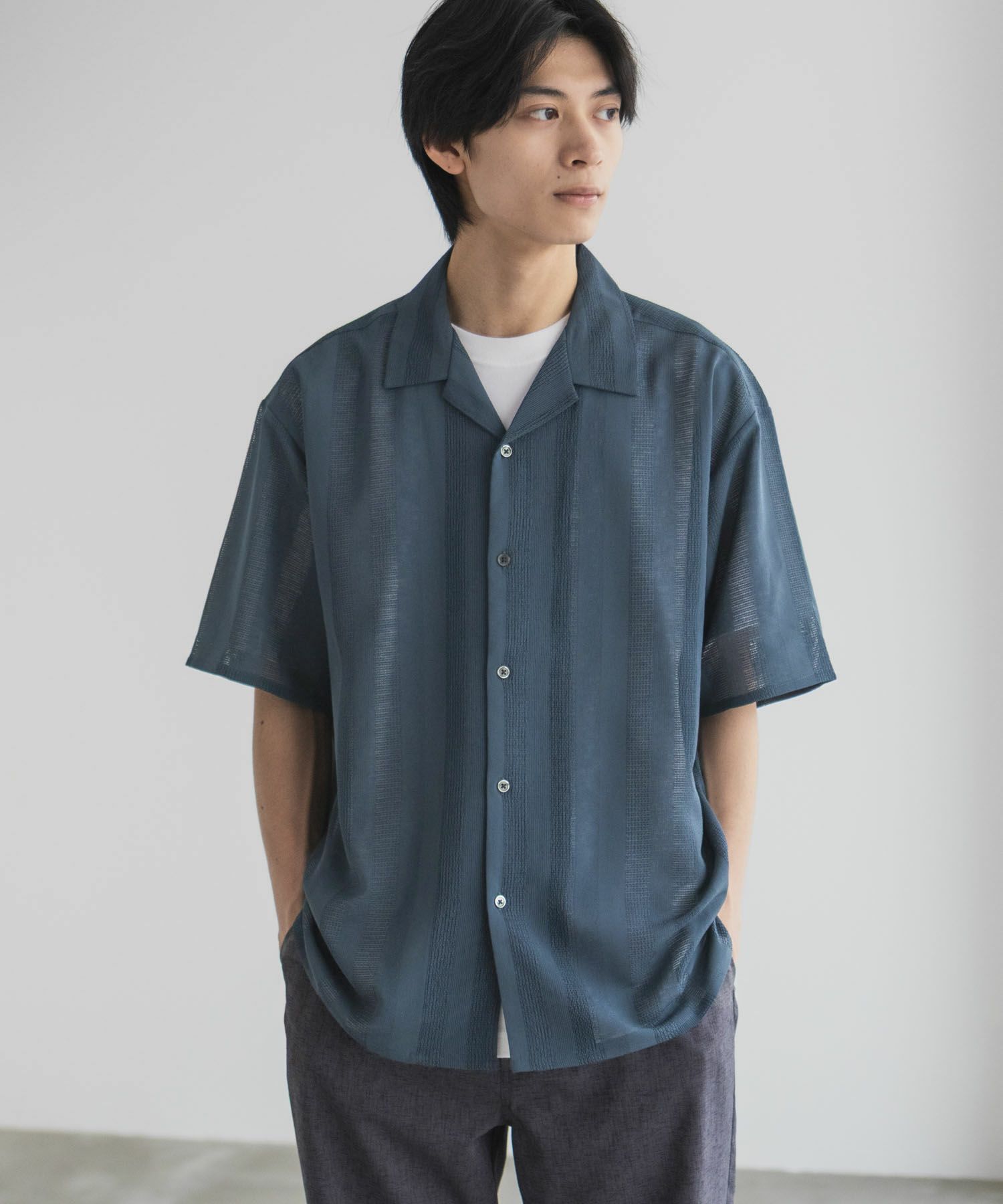 URBAN COLLECTION カラミ織りストライプ オープンカラーシャツ メンズ