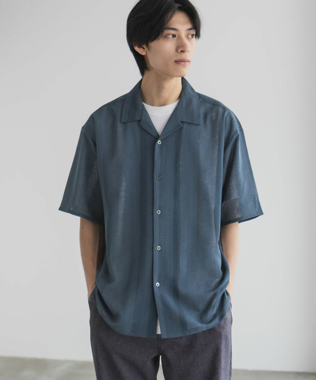 URBAN COLLECTION カラミ織りストライプ オープンカラーシャツ メンズ