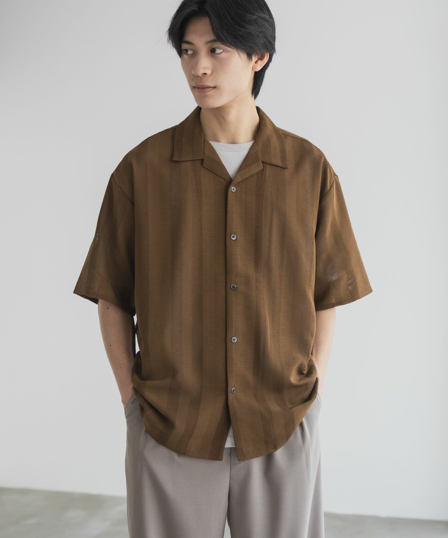 URBAN COLLECTION カラミ織りストライプ オープンカラーシャツ メンズ