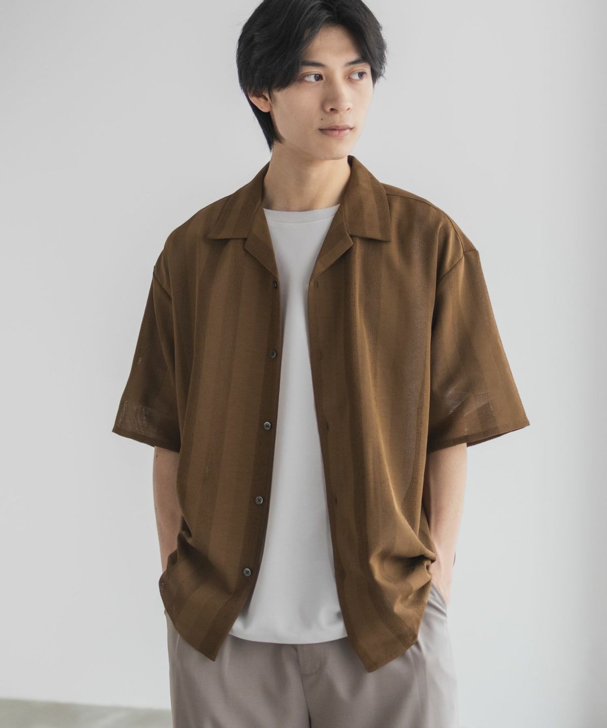 URBAN COLLECTION カラミ織りストライプ オープンカラーシャツ メンズ