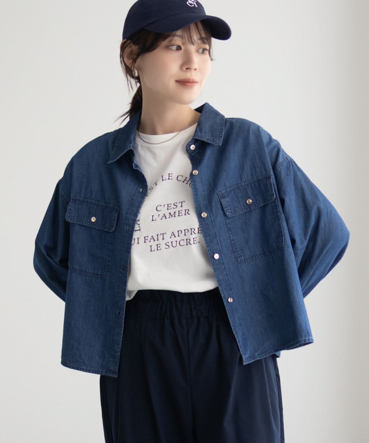 Idnes デニムコンパクトシャツ レディース