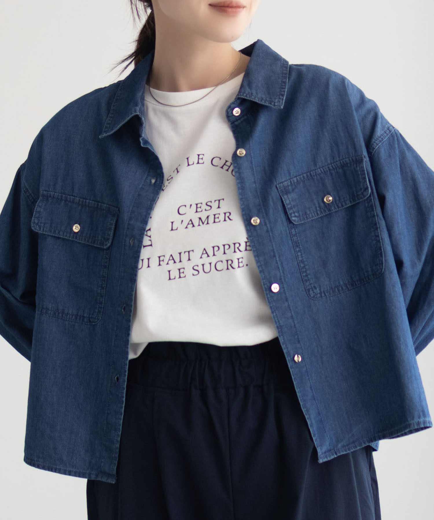 Idnes デニムコンパクトシャツ レディース