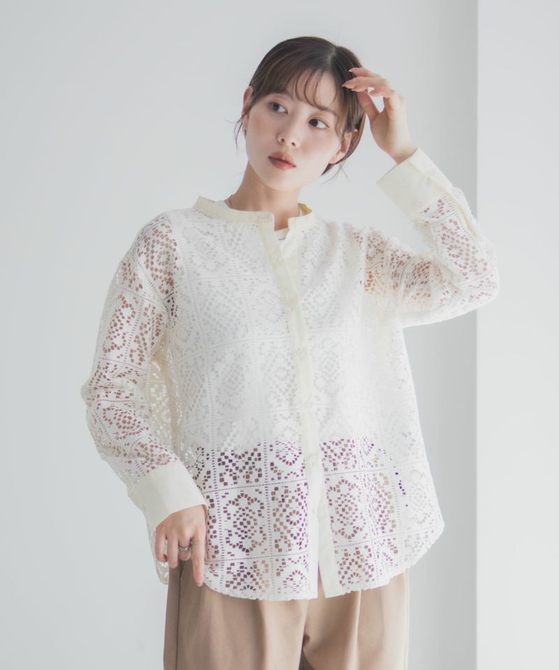 Idnes クロシェライクレース羽織ノーカラーシャツ レディース商品画像-2