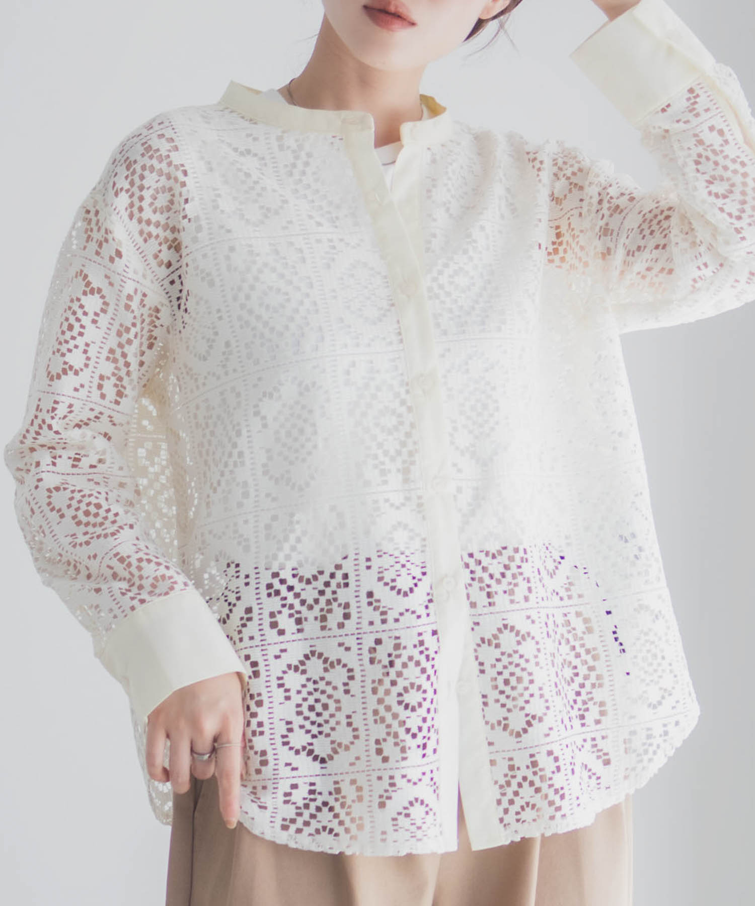 Idnes クロシェライクレース羽織ノーカラーシャツ レディース商品画像-2