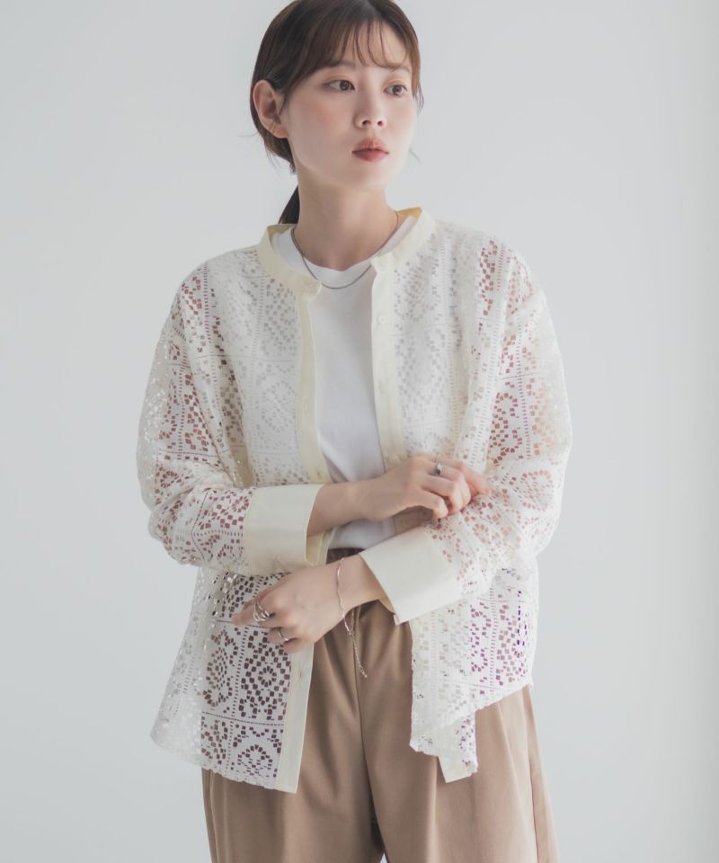 Idnes クロシェライクレース羽織ノーカラーシャツ レディース商品画像-4