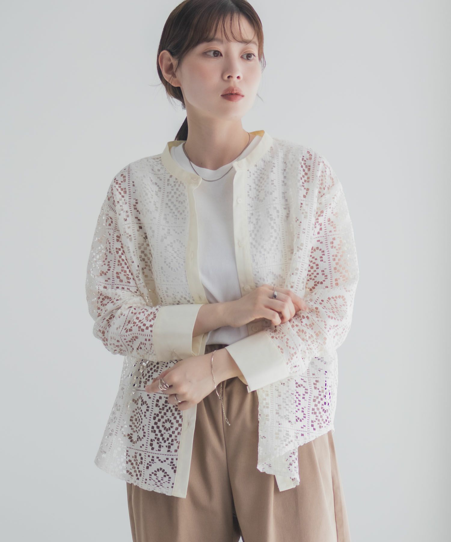 Idnes クロシェライクレース羽織ノーカラーシャツ レディース商品画像-4