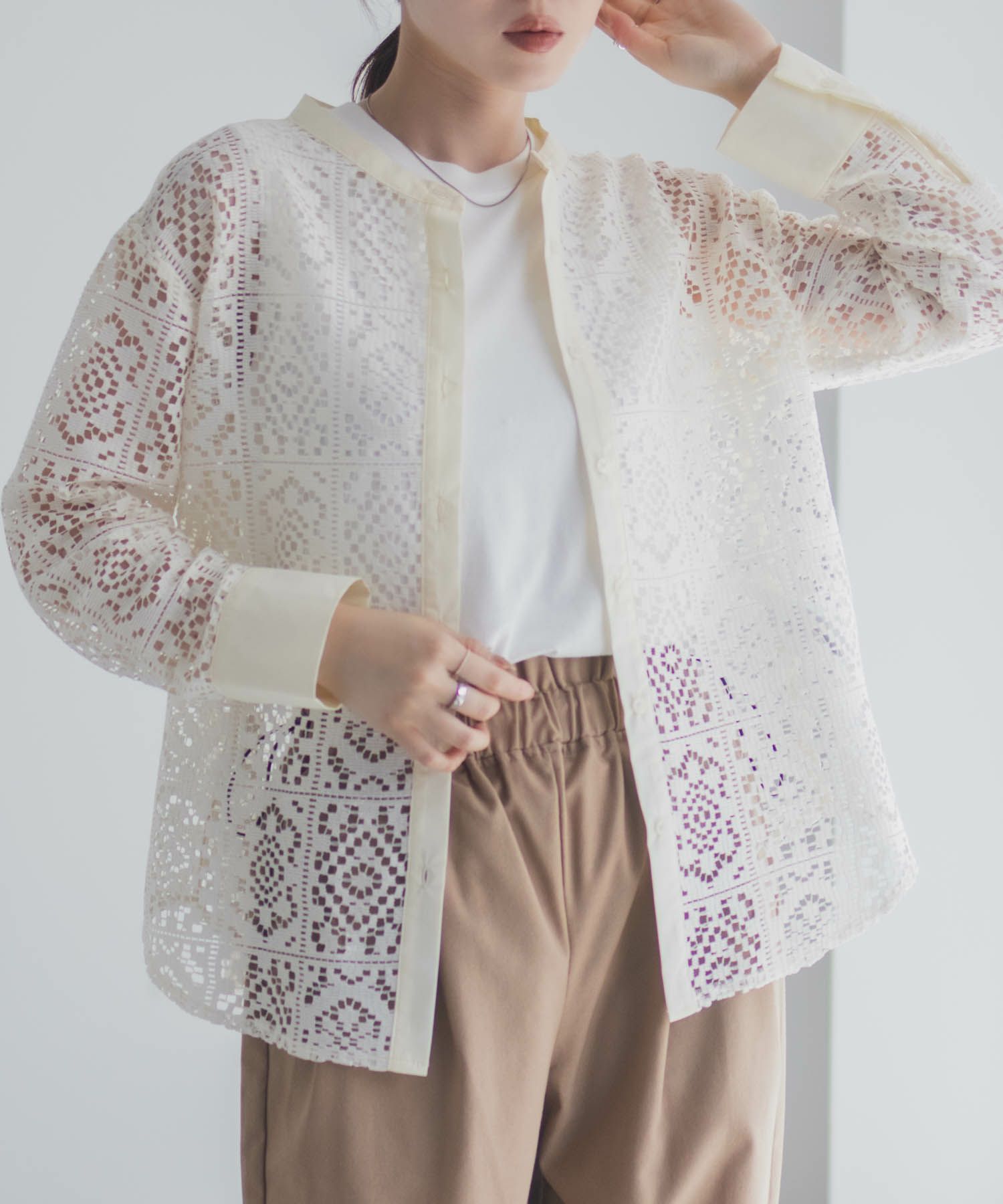 Idnes クロシェライクレース羽織ノーカラーシャツ レディース商品画像-6