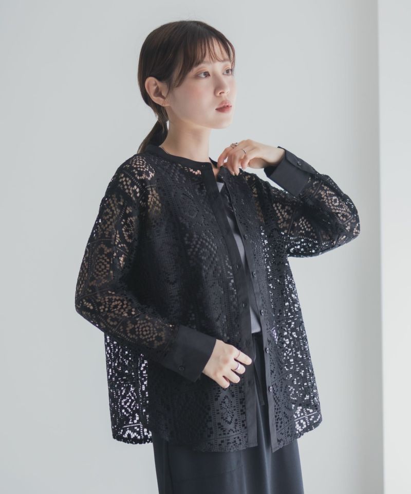 Idnes クロシェライクレース羽織ノーカラーシャツ レディース商品画像-12
