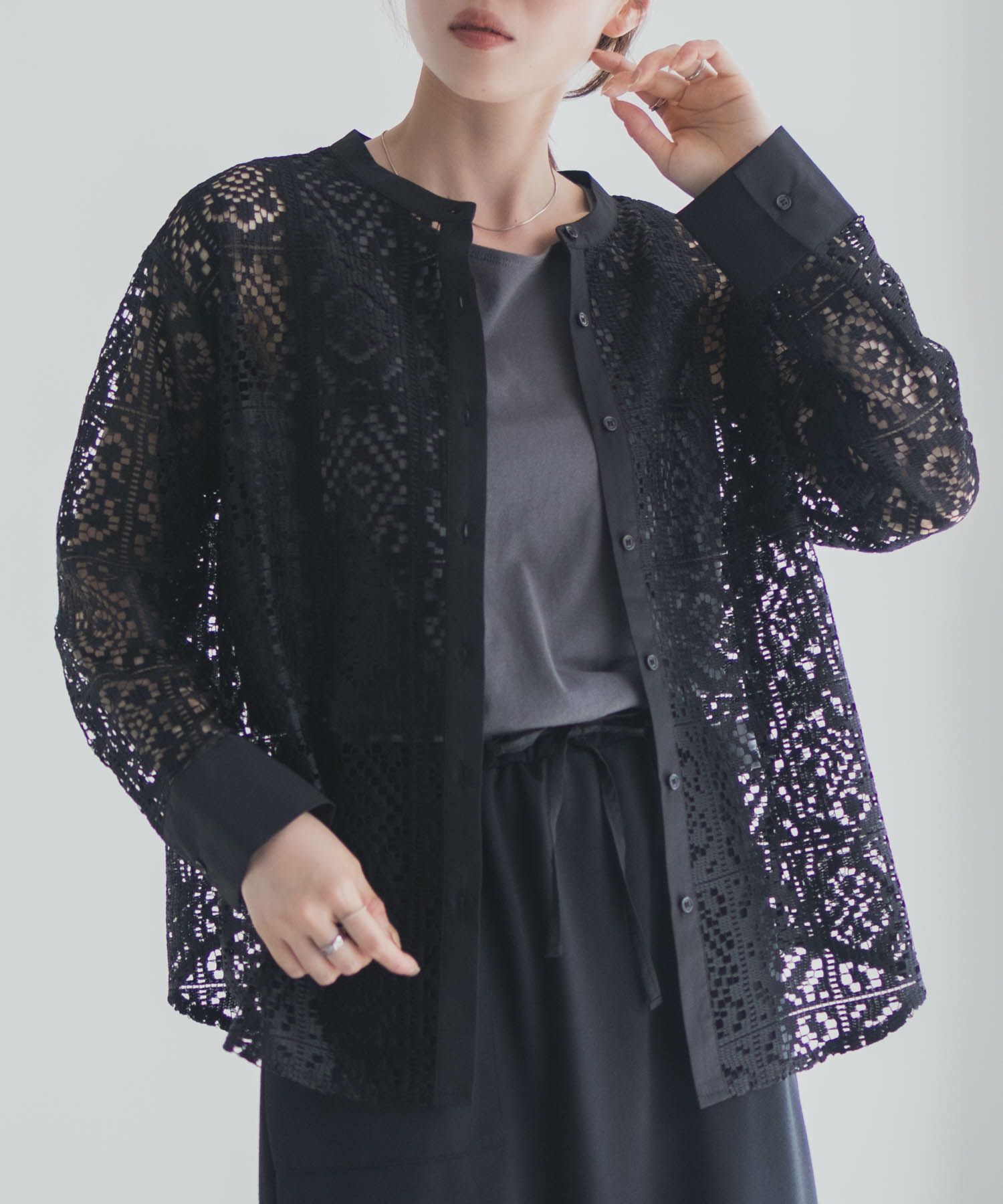 Idnes クロシェライクレース羽織ノーカラーシャツ レディース商品画像-14