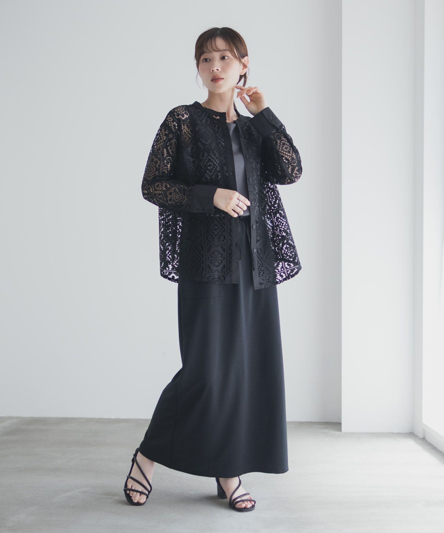 Idnes クロシェライクレース羽織ノーカラーシャツ レディース