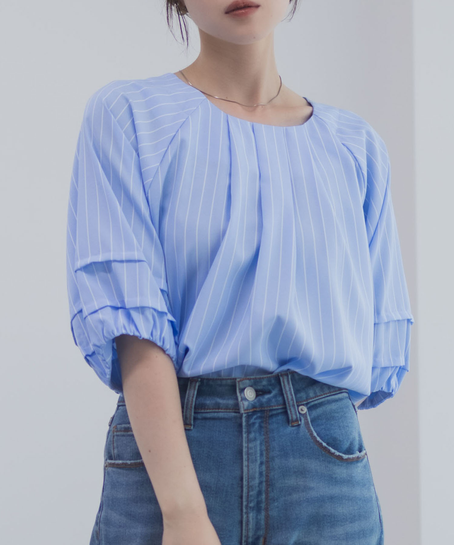 Idnes 袖タックストライプブラウス レディース商品画像-1