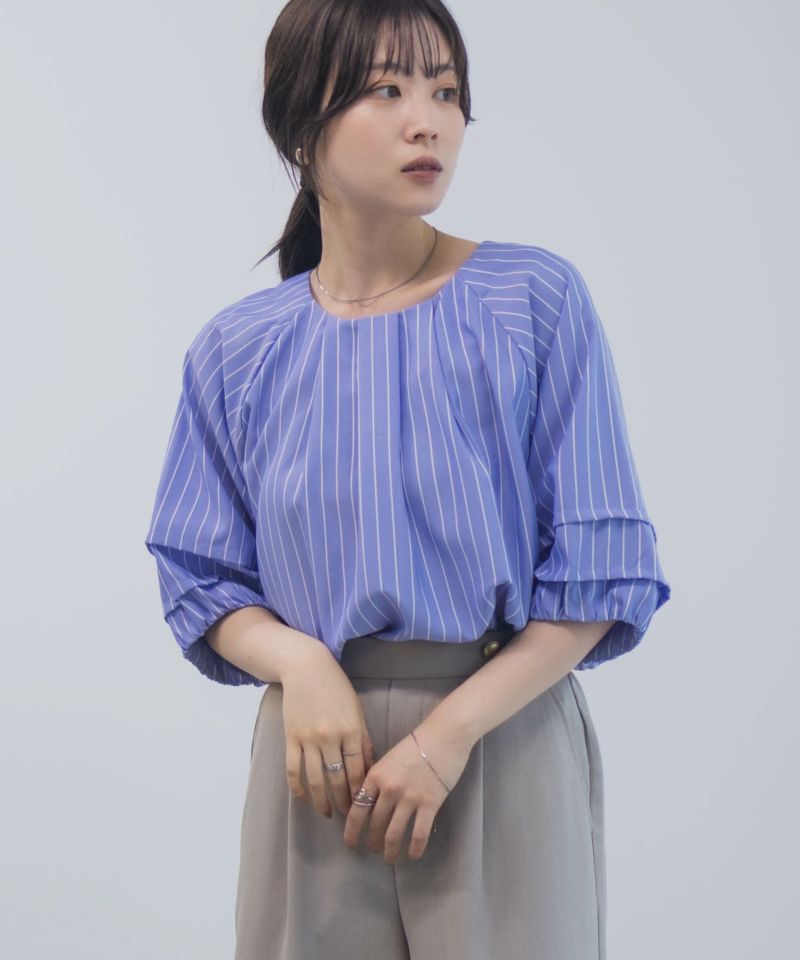 Idnes 袖タックストライプブラウス レディース商品画像-2