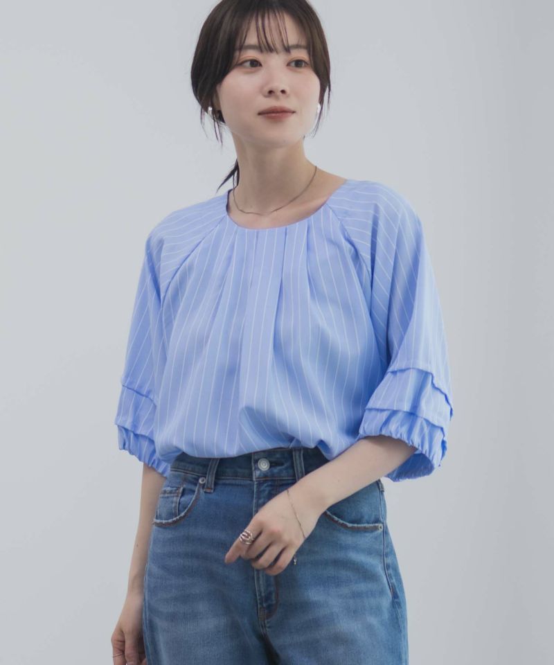 Idnes 袖タックストライプブラウス レディース商品画像-3