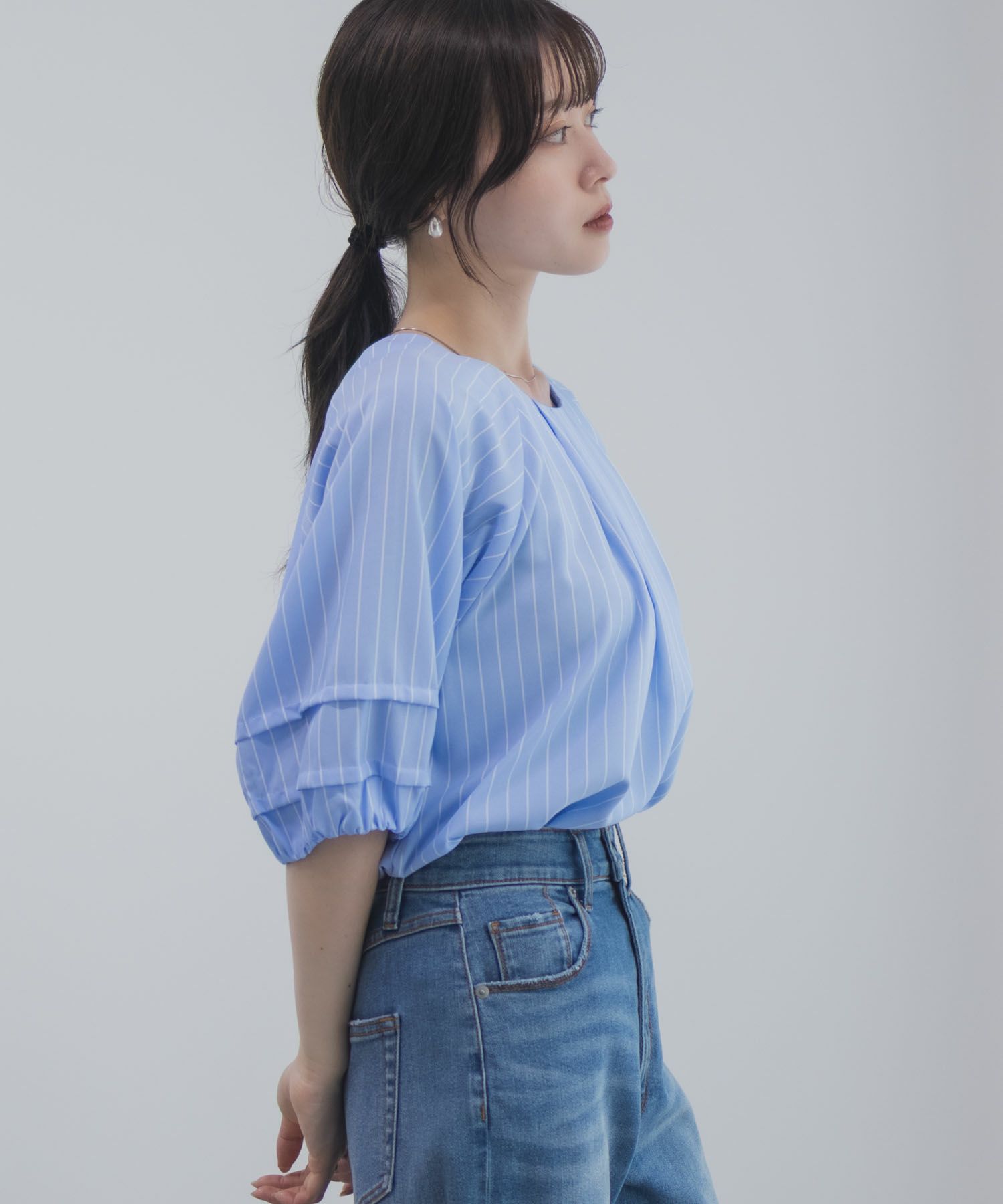 Idnes 袖タックストライプブラウス レディース商品画像-7