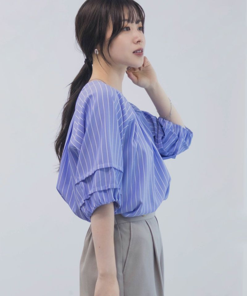 Idnes 袖タックストライプブラウス レディース商品画像-11