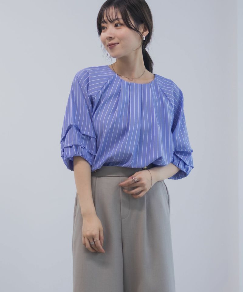 Idnes 袖タックストライプブラウス レディース商品画像-13