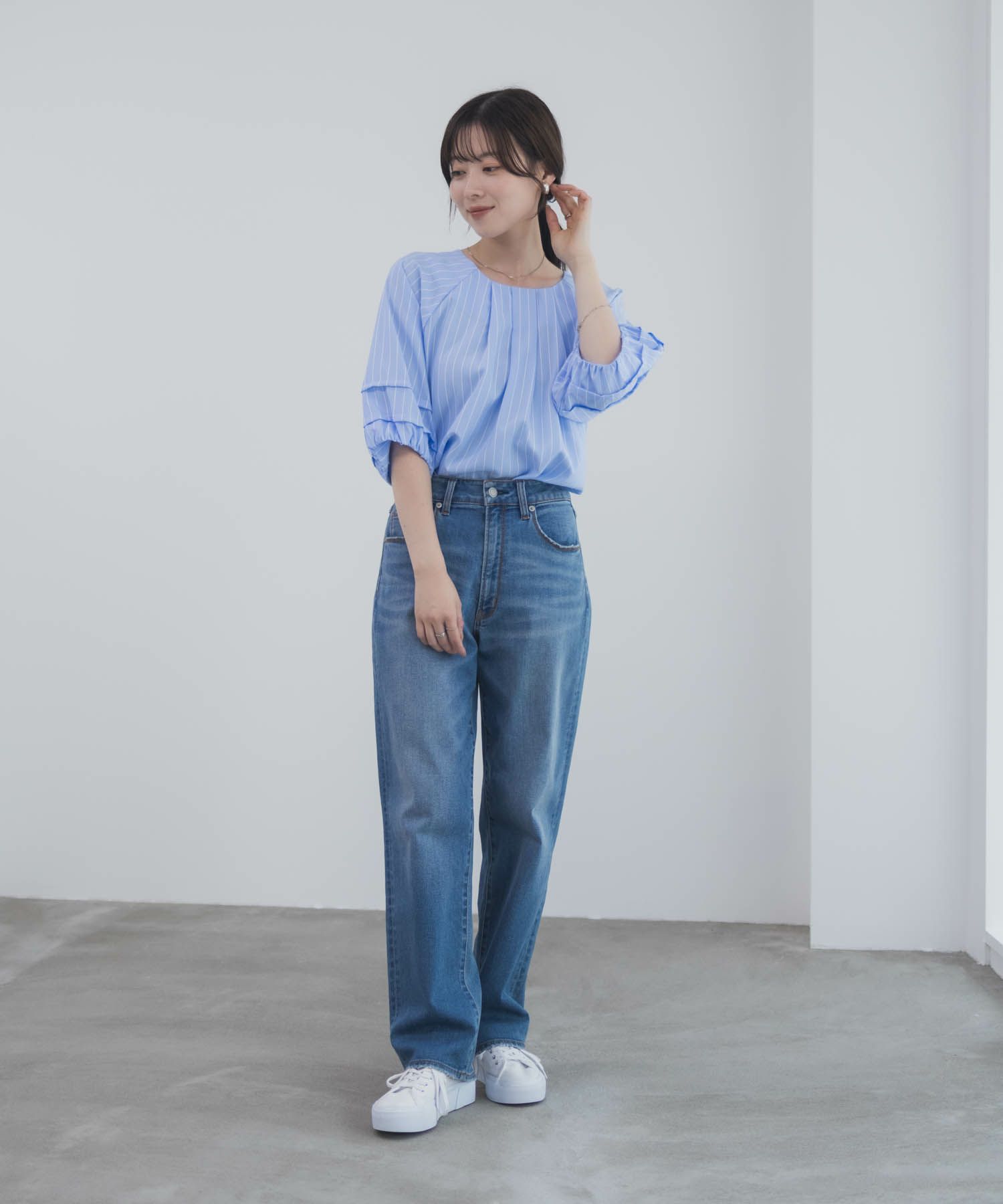 Idnes 袖タックストライプブラウス レディース商品画像-25