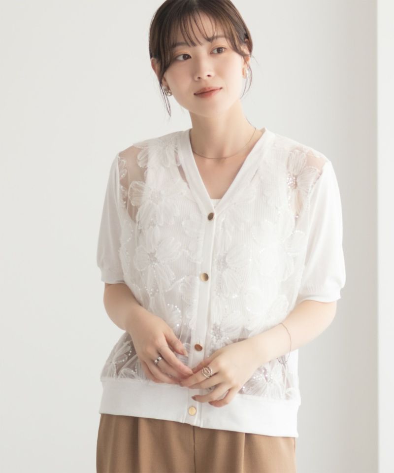 Idnes フラワーチュールハーフスリーブカーディガン レディース商品画像-2