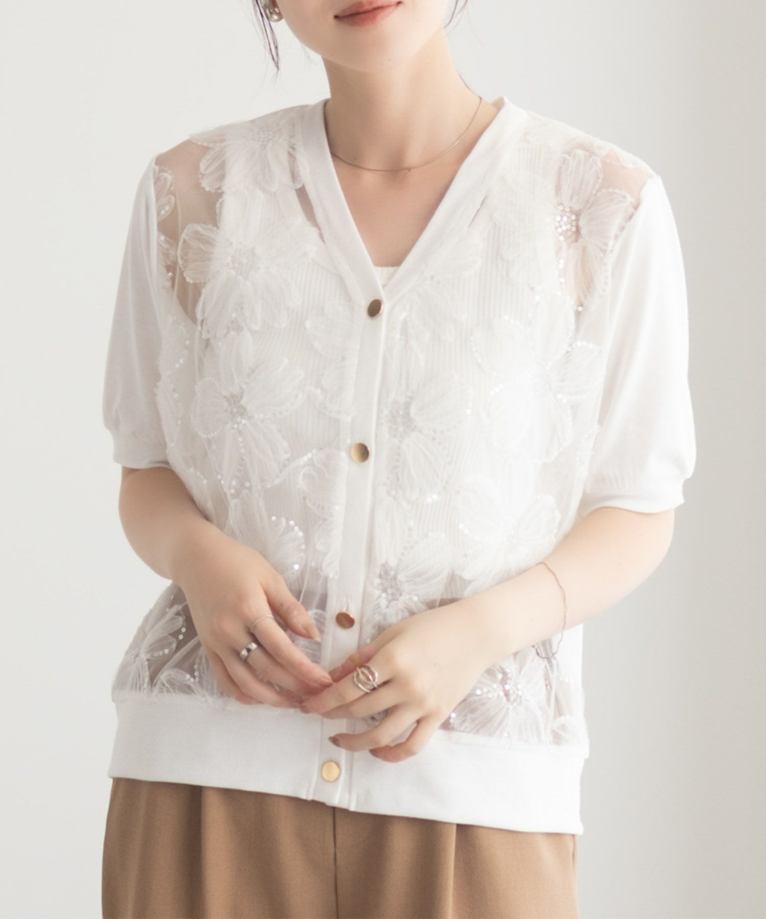 [さらに50%OFF]Idnes フラワーチュールハーフスリーブカーディガン レディース商品画像-2