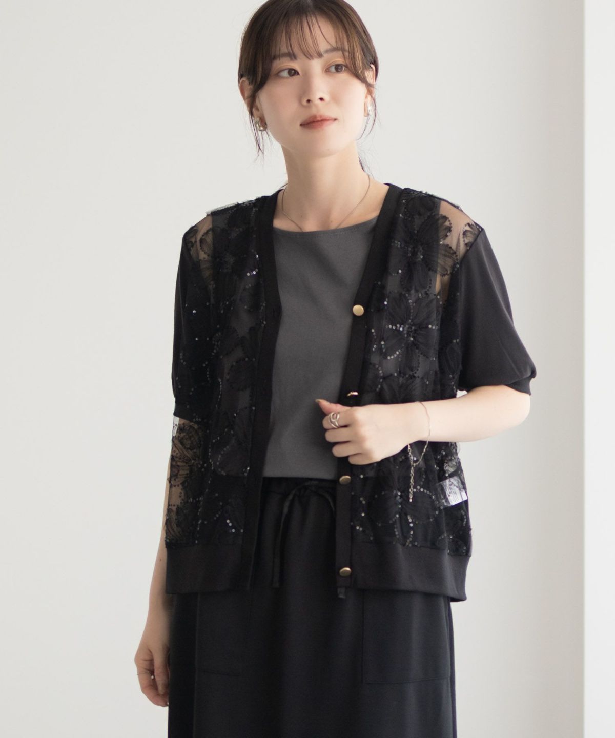 Idnes フラワーチュールハーフスリーブカーディガン レディース